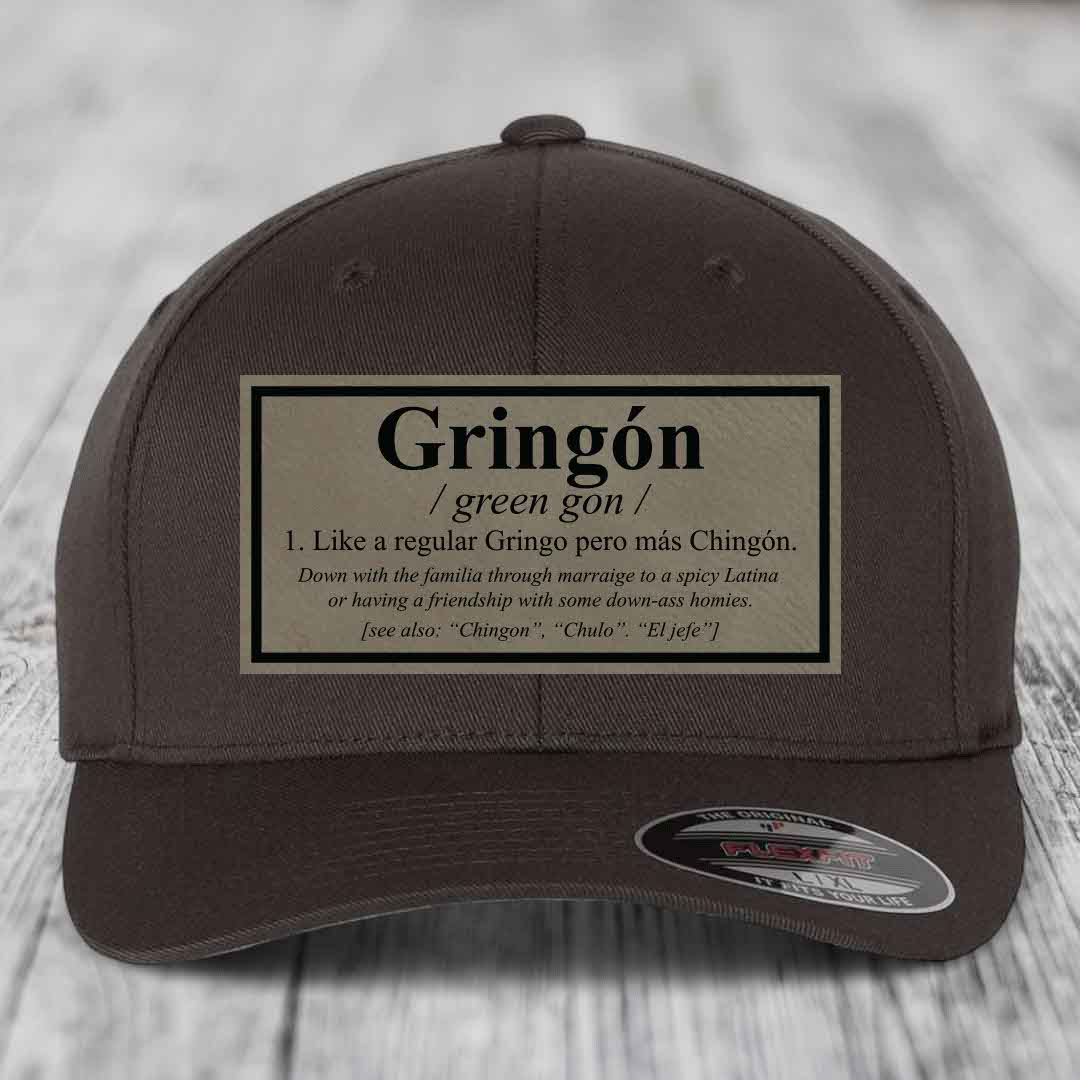 Gringon Definition - Leather Patch Hat - Light Brown to Black Patch - Flexfit 6277 Fitted Hat