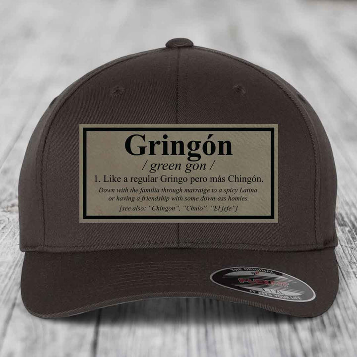 Gringon Definition - Leather Patch Hat - Light Brown to Black Patch - Flexfit 6277 Fitted Hat
