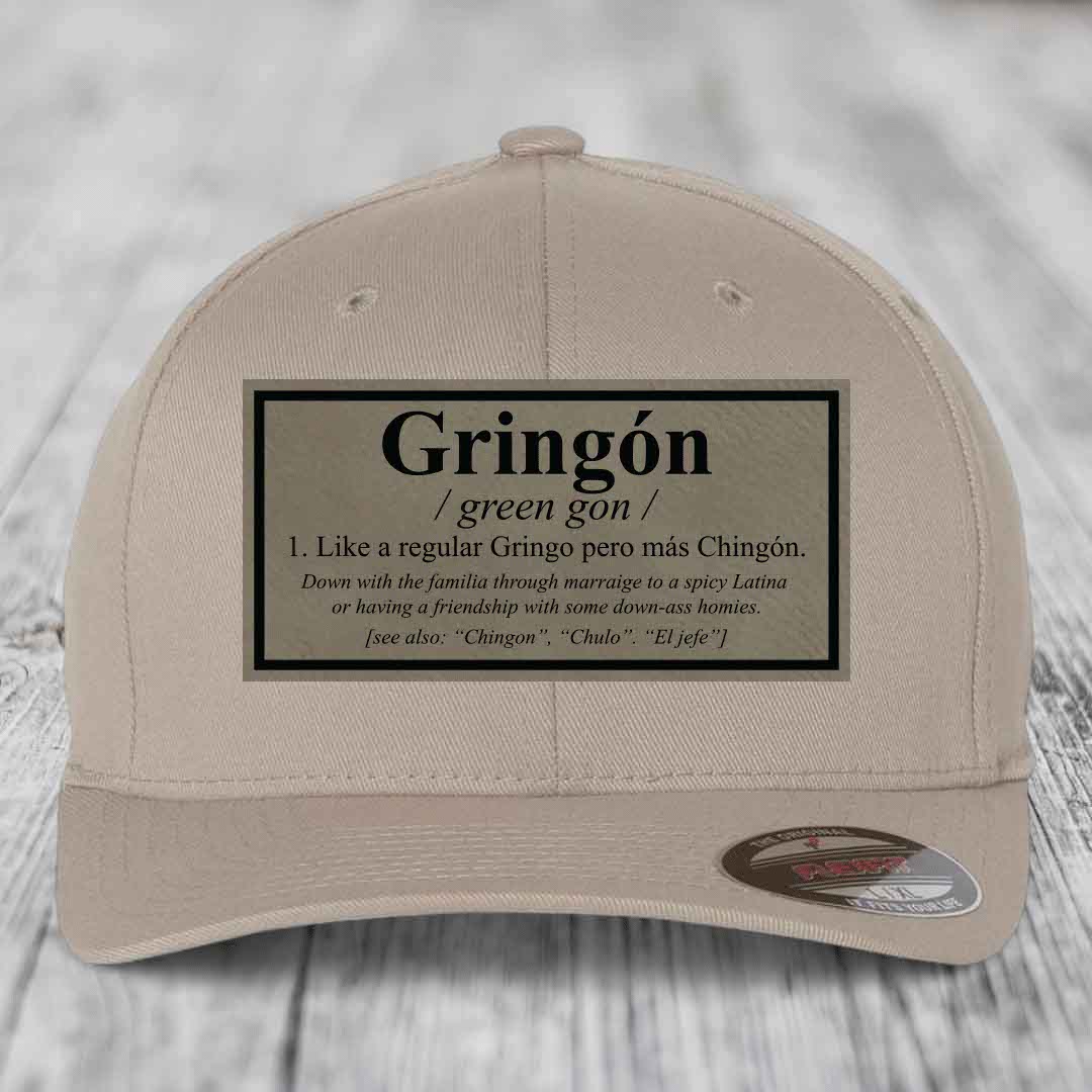 Gringon Definition - Leather Patch Hat - Light Brown to Black Patch - Flexfit 6277 Fitted Hat