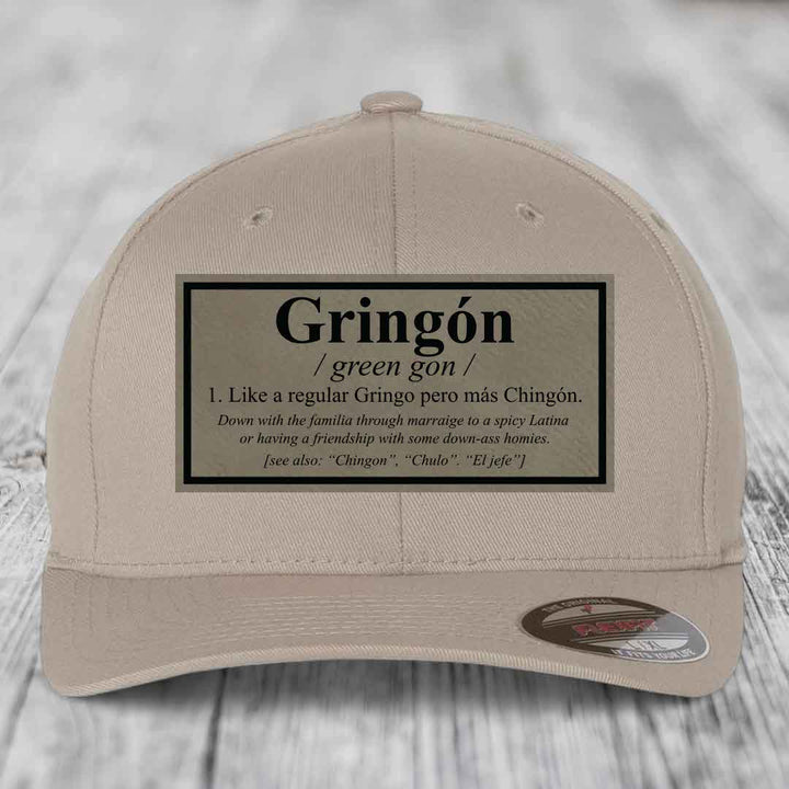 Gringon Definition - Leather Patch Hat - Light Brown to Black Patch - Flexfit 6277 Fitted Hat