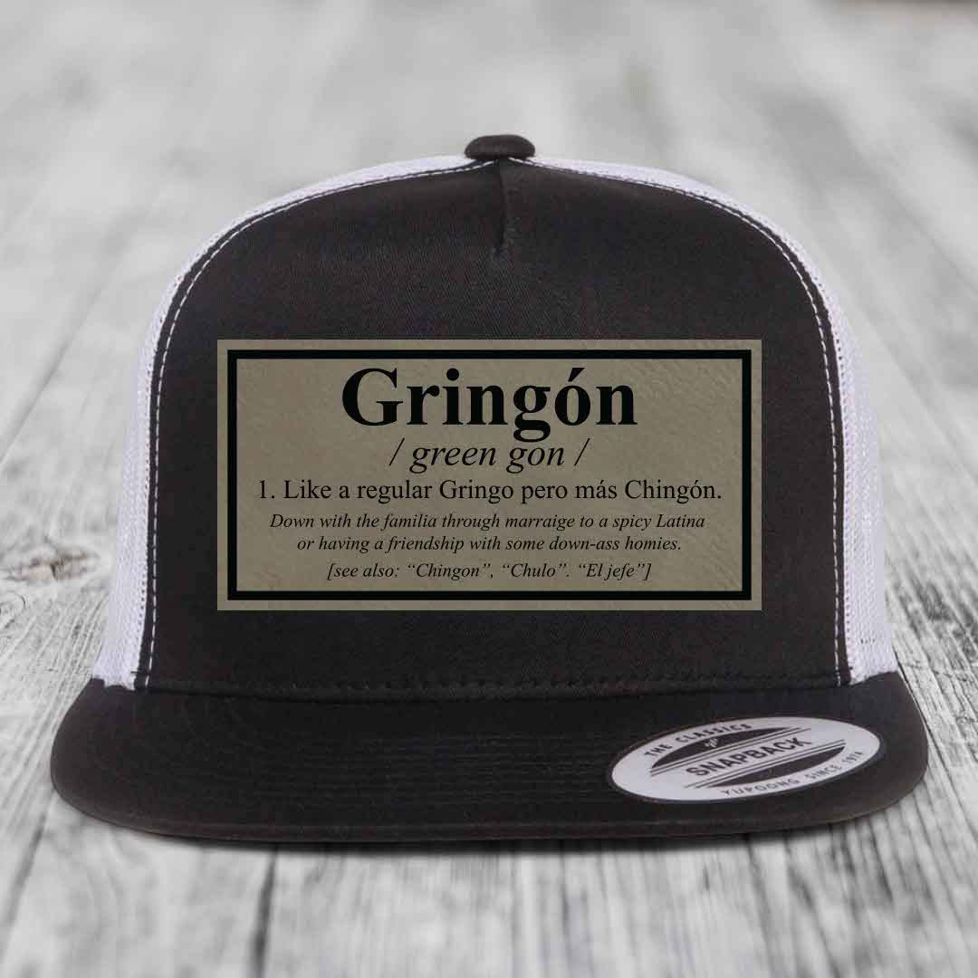 Gringon Definition - Leather Patch Hat - Light Brown to Black Patch - Yupoong 6006 Snapback Flatbill Hat