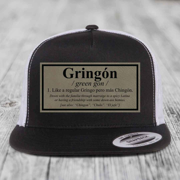 Gringon Definition - Leather Patch Hat - Light Brown to Black Patch - Yupoong 6006 Snapback Flatbill Hat