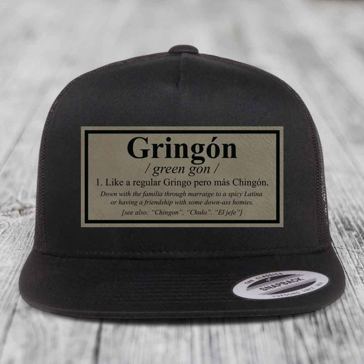 Gringon Definition - Leather Patch Hat - Light Brown to Black Patch - Yupoong 6006 Snapback Flatbill Hat