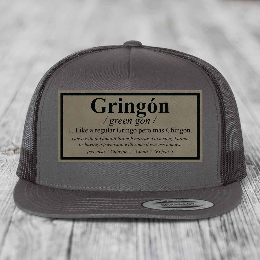 Gringon Definition - Leather Patch Hat - Light Brown to Black Patch - Yupoong 6006 Snapback Flatbill Hat