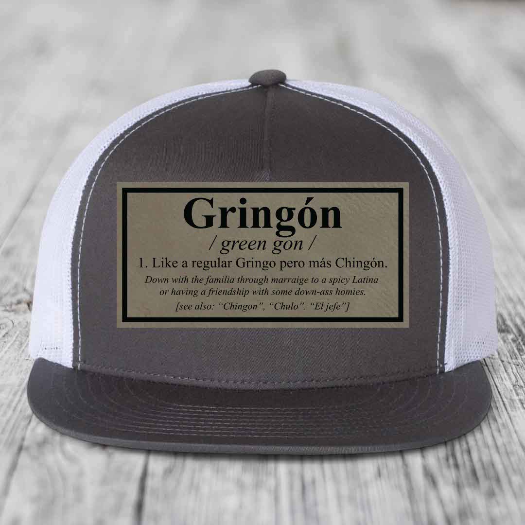 Gringon Definition - Leather Patch Hat - Light Brown to Black Patch - Yupoong 6006 Snapback Flatbill Hat