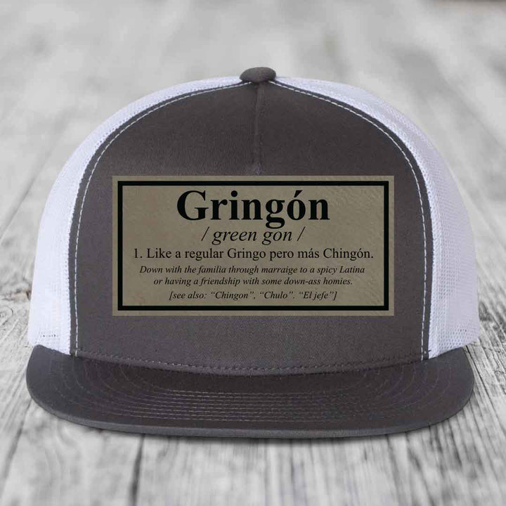 Gringon Definition - Leather Patch Hat - Light Brown to Black Patch - Yupoong 6006 Snapback Flatbill Hat