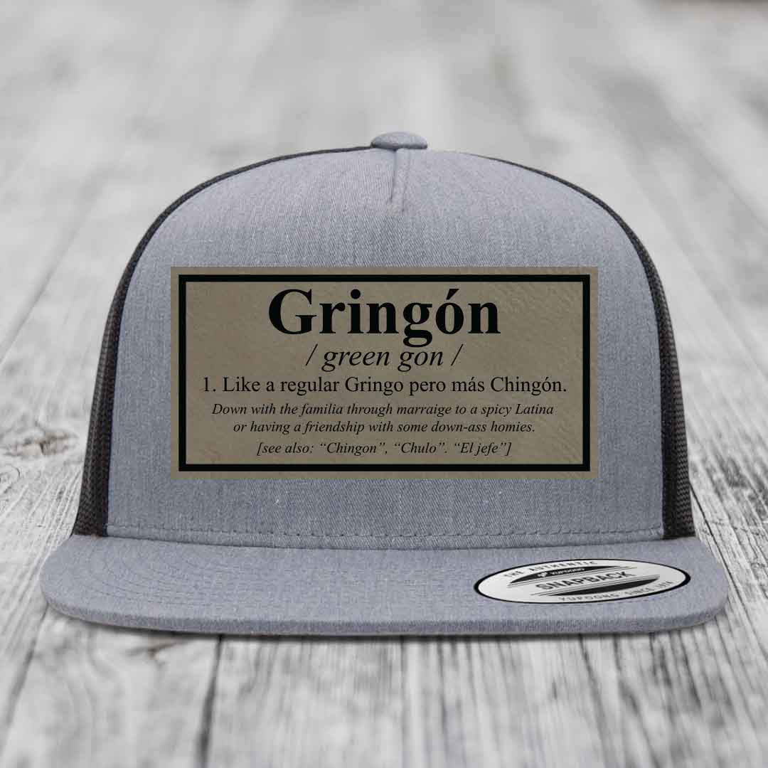 Gringon Definition - Leather Patch Hat - Light Brown to Black Patch - Yupoong 6006 Snapback Flatbill Hat