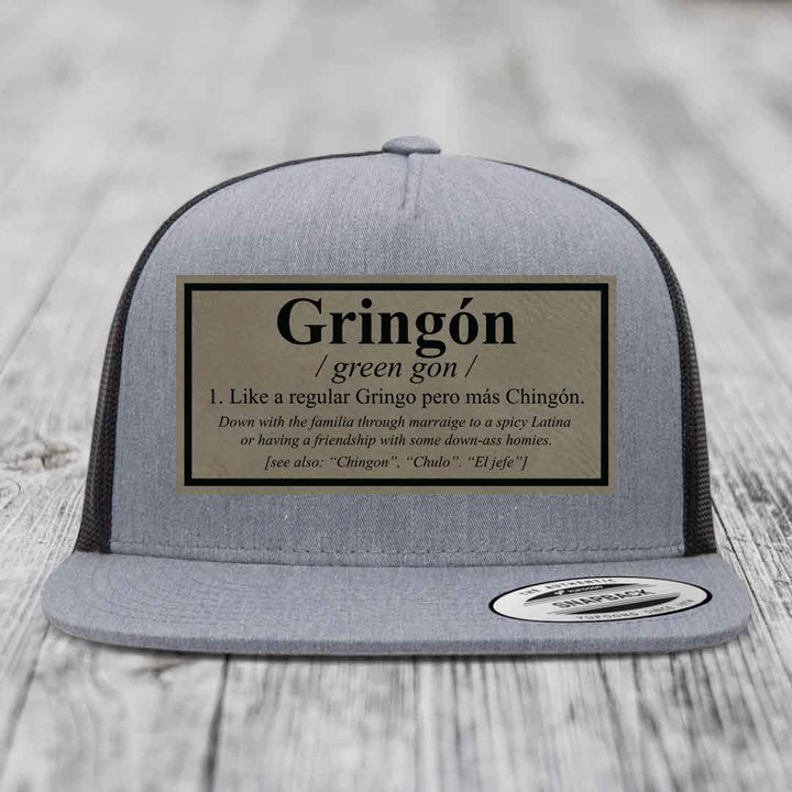 Gringon Definition - Leather Patch Hat - Light Brown to Black Patch - Yupoong 6006 Snapback Flatbill Hat