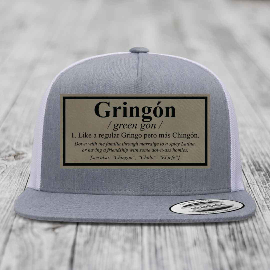 Gringon Definition - Leather Patch Hat - Light Brown to Black Patch - Yupoong 6006 Snapback Flatbill Hat