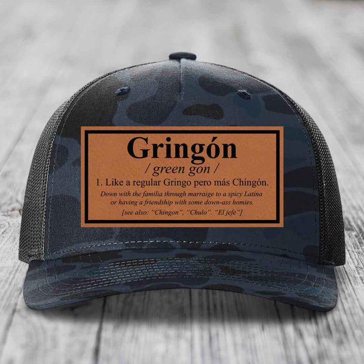 Gringon Definition - Leather Patch Hat - Rawhide to Black Patch - Richardson 112PFP Snapback Trucker Hat