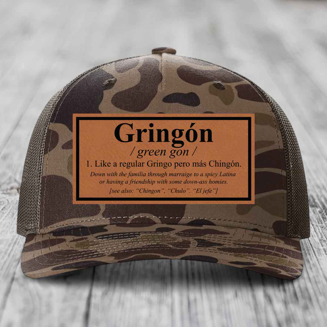Gringon Definition - Leather Patch Hat - Rawhide to Black Patch - Richardson 112PFP Snapback Trucker Hat