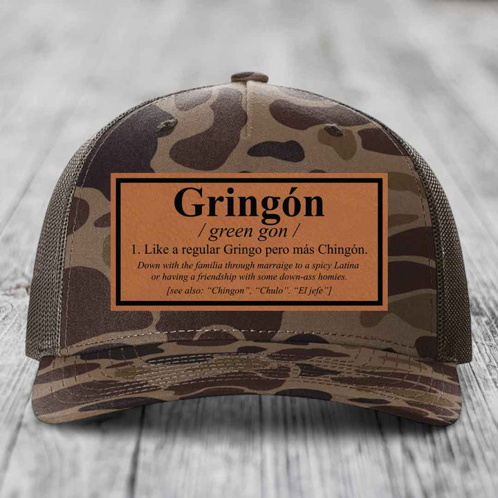 Gringon Definition - Leather Patch Hat - Rawhide to Black Patch - Richardson 112PFP Snapback Trucker Hat