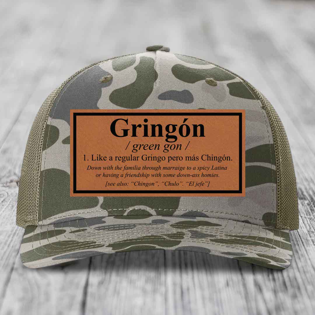 Gringon Definition - Leather Patch Hat - Rawhide to Black Patch - Richardson 112PFP Snapback Trucker Hat