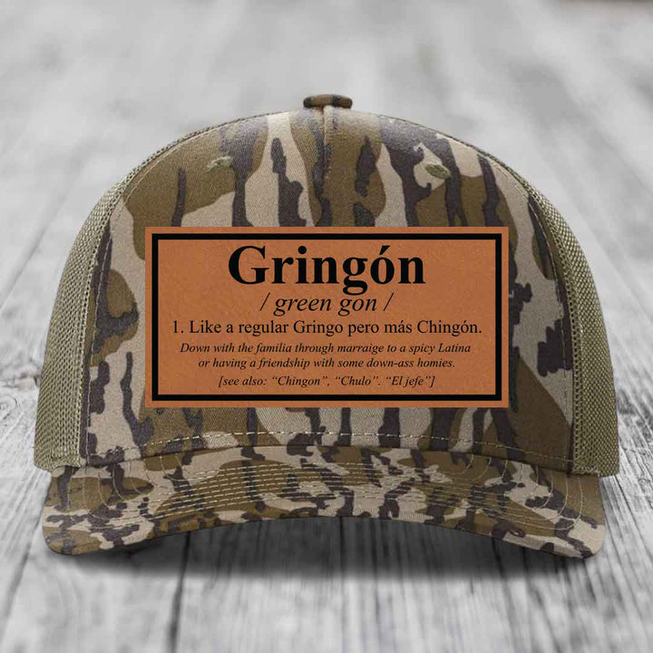 Gringon Definition - Leather Patch Hat - Rawhide to Black Patch - Richardson 112PFP Snapback Trucker Hat