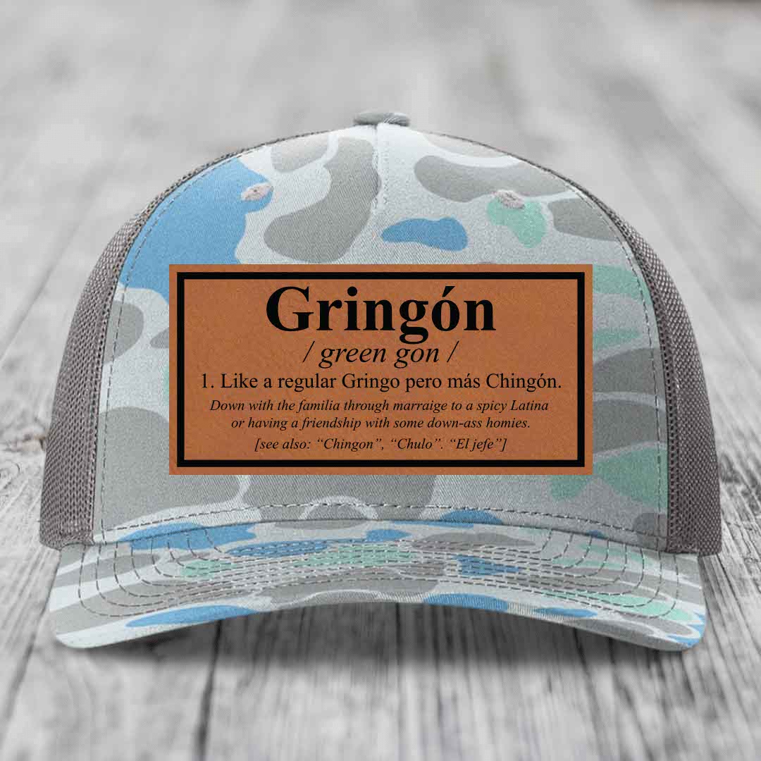 Gringon Definition - Leather Patch Hat - Rawhide to Black Patch - Richardson 112PFP Snapback Trucker Hat