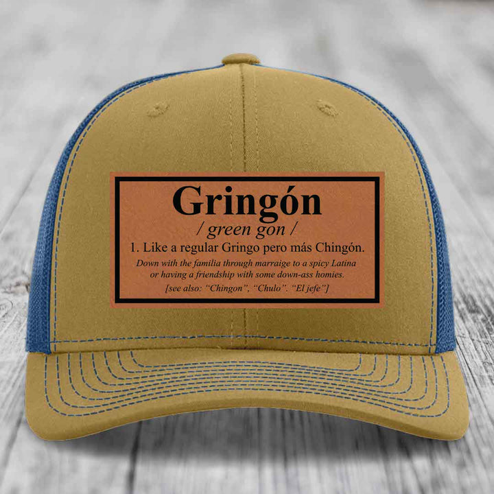 Gringon Definition - Leather Patch Hat - Rawhide to Black Patch - Richardson 112 Snapback Trucker Hat