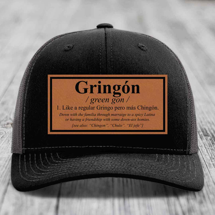 Gringon Definition - Leather Patch Hat - Rawhide to Black Patch - Richardson 112 Snapback Trucker Hat