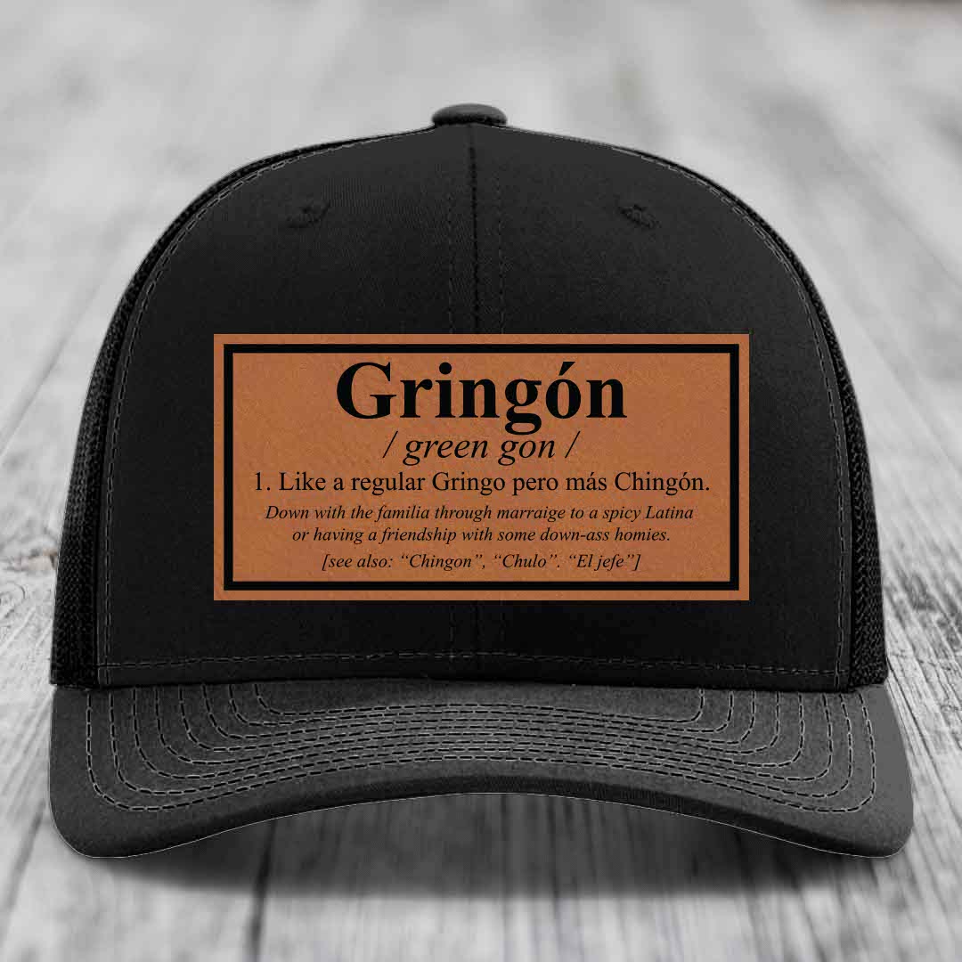 Gringon Definition - Leather Patch Hat - Rawhide to Black Patch - Richardson 112 Snapback Trucker Hat
