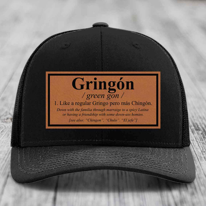 Gringon Definition - Leather Patch Hat - Rawhide to Black Patch - Richardson 112 Snapback Trucker Hat