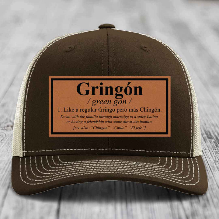 Gringon Definition - Leather Patch Hat - Rawhide to Black Patch - Richardson 112 Snapback Trucker Hat