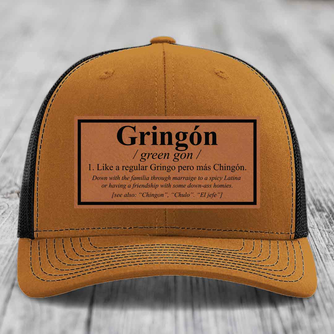 Gringon Definition - Leather Patch Hat - Rawhide to Black Patch - Richardson 112 Snapback Trucker Hat