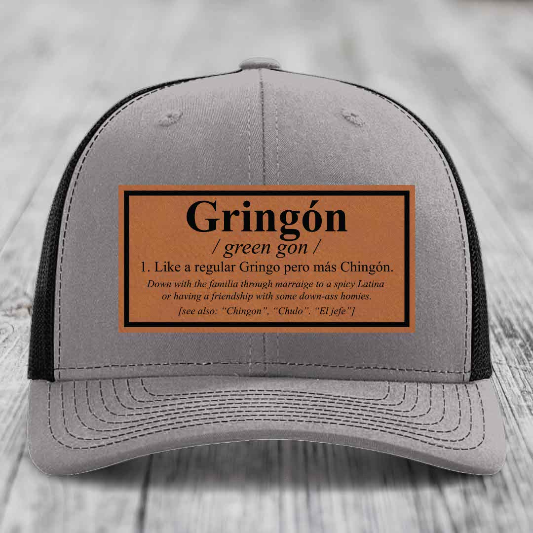 Gringon Definition - Leather Patch Hat - Rawhide to Black Patch - Richardson 112 Snapback Trucker Hat