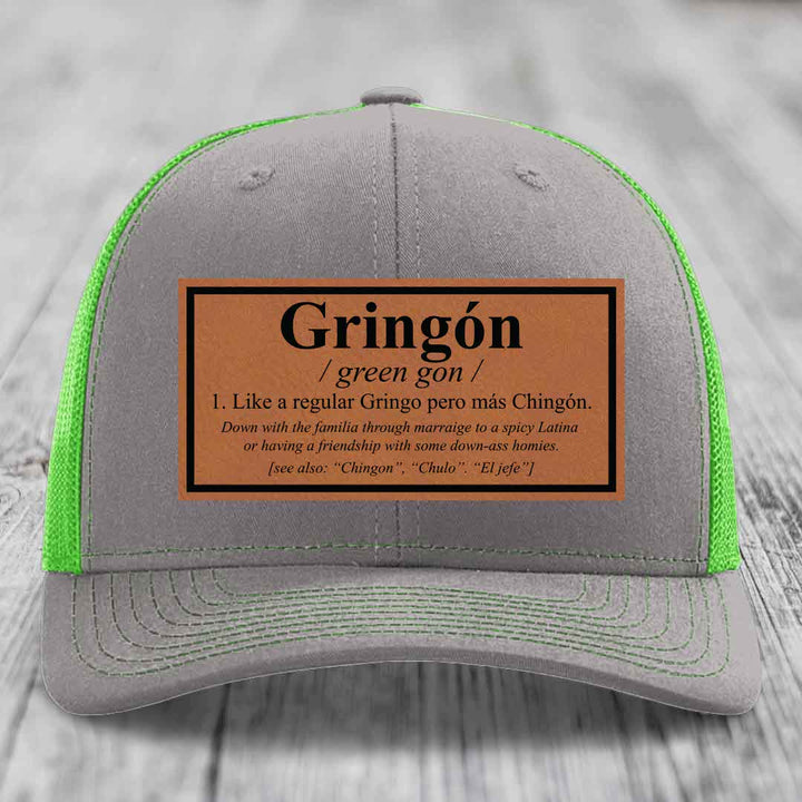 Gringon Definition - Leather Patch Hat - Rawhide to Black Patch - Richardson 112 Snapback Trucker Hat