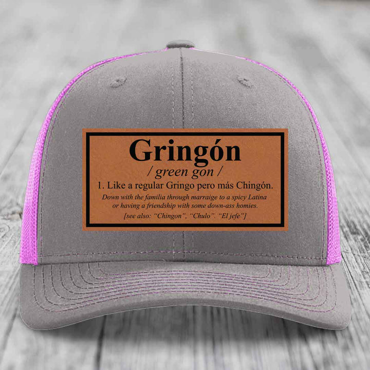 Gringon Definition - Leather Patch Hat - Rawhide to Black Patch - Richardson 112 Snapback Trucker Hat