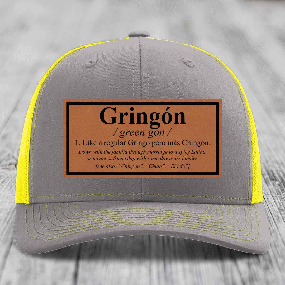 Gringon Definition - Leather Patch Hat - Rawhide to Black Patch - Richardson 112 Snapback Trucker Hat