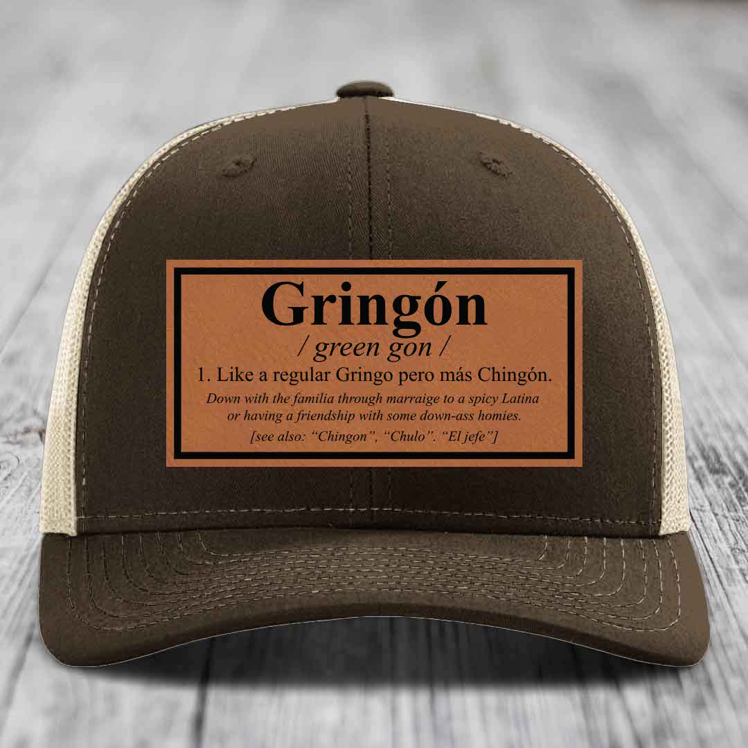 Gringon Definition - Leather Patch Hat - Rawhide to Black Patch - Richardson 112 Snapback Trucker Hat