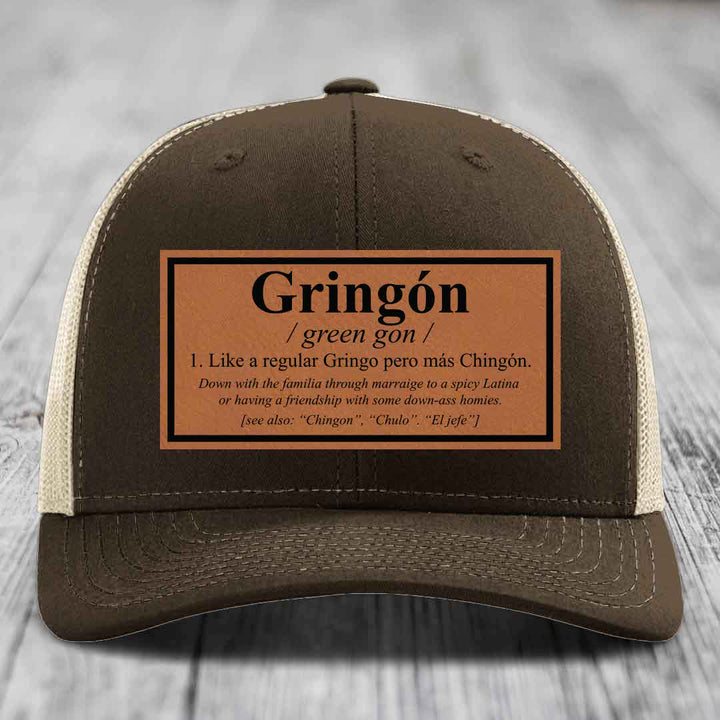 Gringon Definition - Leather Patch Hat - Rawhide to Black Patch - Richardson 112 Snapback Trucker Hat