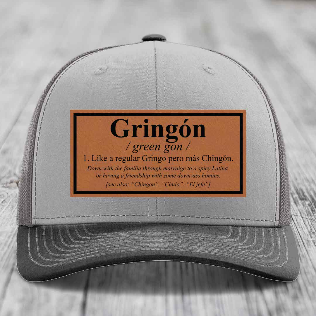Gringon Definition - Leather Patch Hat - Rawhide to Black Patch - Richardson 112 Snapback Trucker Hat