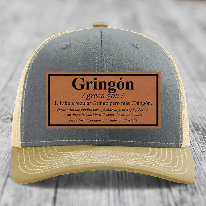 Gringon Definition - Leather Patch Hat - Rawhide to Black Patch - Richardson 112 Snapback Trucker Hat