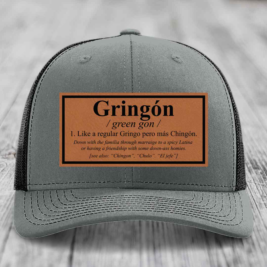 Gringon Definition - Leather Patch Hat - Rawhide to Black Patch - Richardson 112 Snapback Trucker Hat