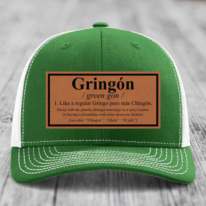 Gringon Definition - Leather Patch Hat - Rawhide to Black Patch - Richardson 112 Snapback Trucker Hat