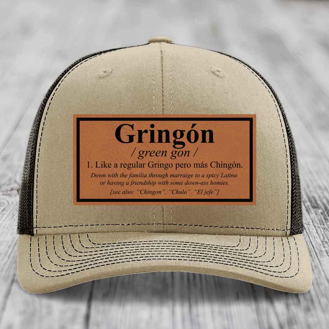 Gringon Definition - Leather Patch Hat - Rawhide to Black Patch - Richardson 112 Snapback Trucker Hat