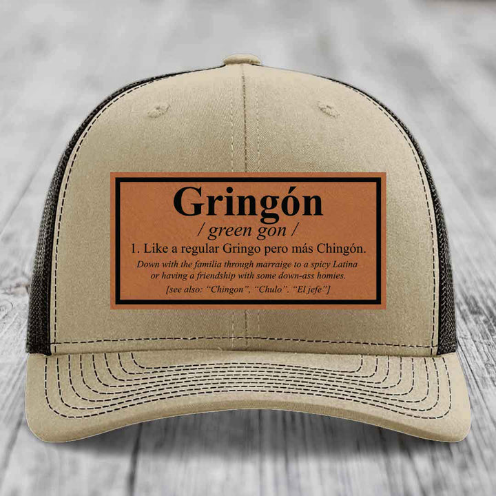 Gringon Definition - Leather Patch Hat - Rawhide to Black Patch - Richardson 112 Snapback Trucker Hat