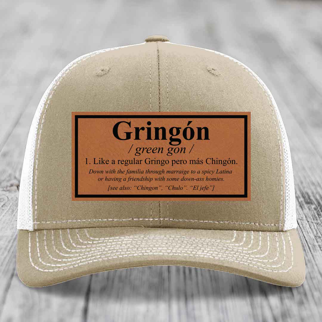 Gringon Definition - Leather Patch Hat - Rawhide to Black Patch - Richardson 112 Snapback Trucker Hat