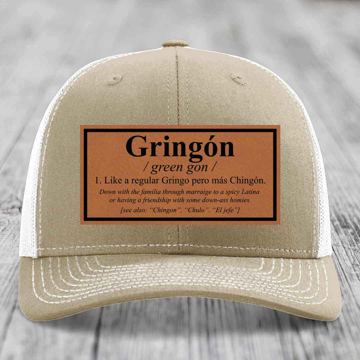 Gringon Definition - Leather Patch Hat - Rawhide to Black Patch - Richardson 112 Snapback Trucker Hat