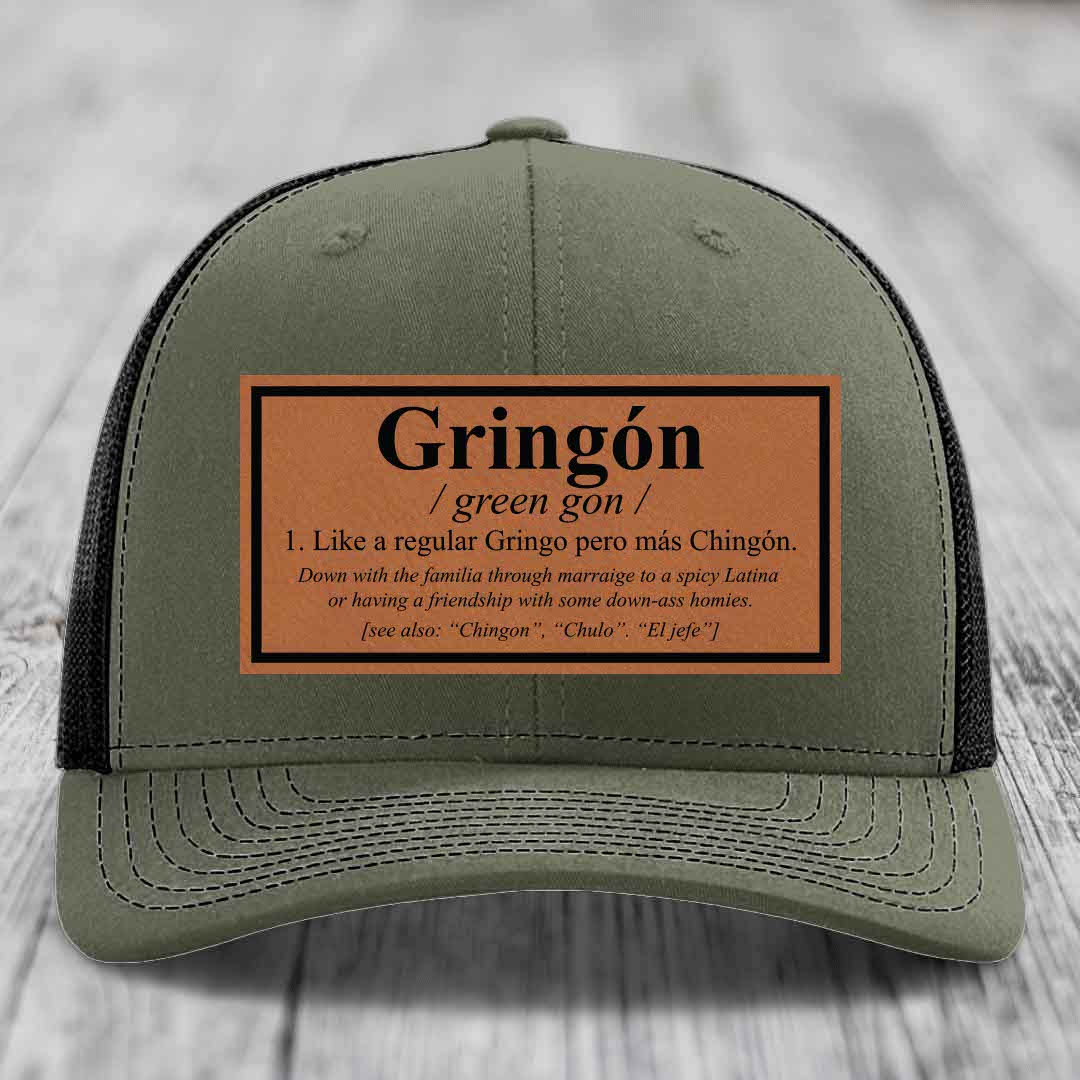 Gringon Definition - Leather Patch Hat - Rawhide to Black Patch - Richardson 112 Snapback Trucker Hat