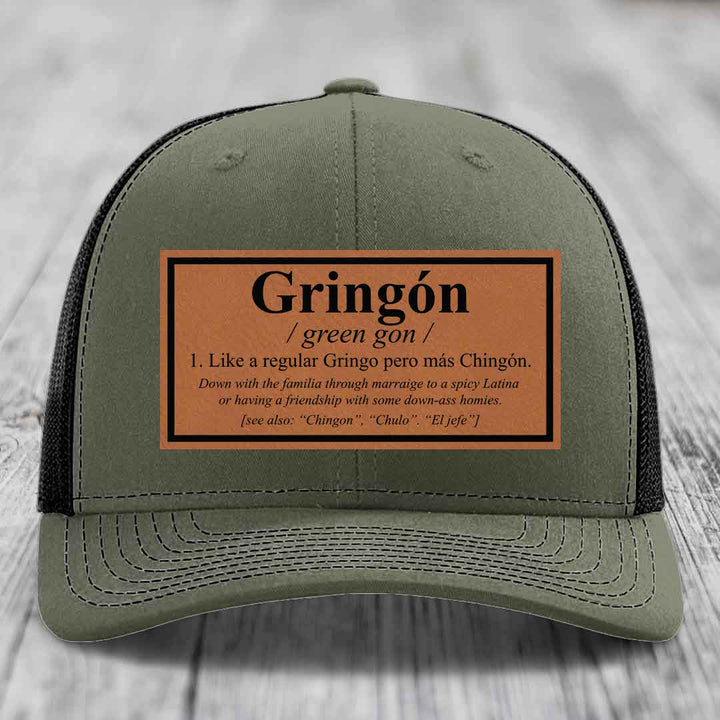 Gringon Definition - Leather Patch Hat - Rawhide to Black Patch - Richardson 112 Snapback Trucker Hat