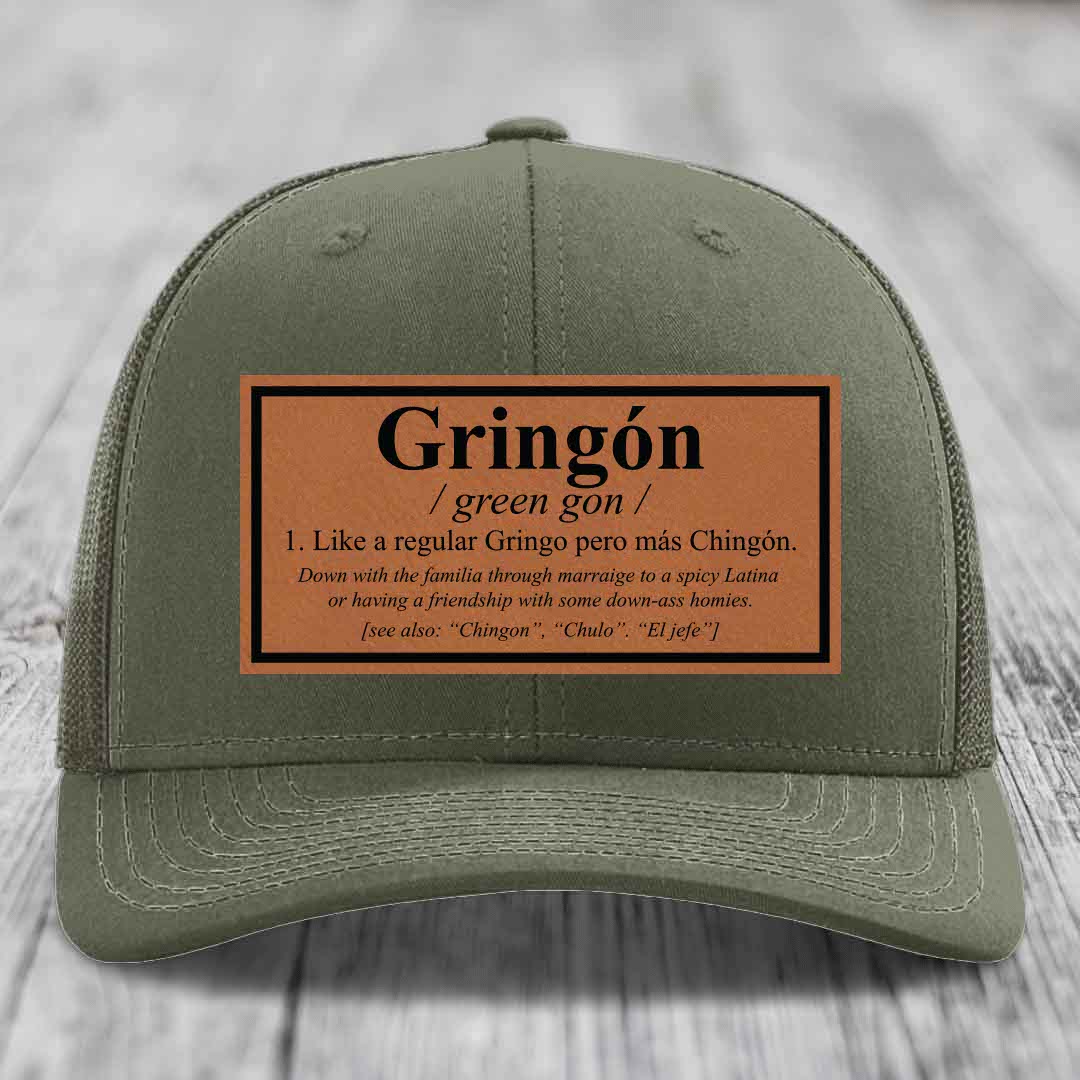 Gringon Definition - Leather Patch Hat - Rawhide to Black Patch - Richardson 112 Snapback Trucker Hat