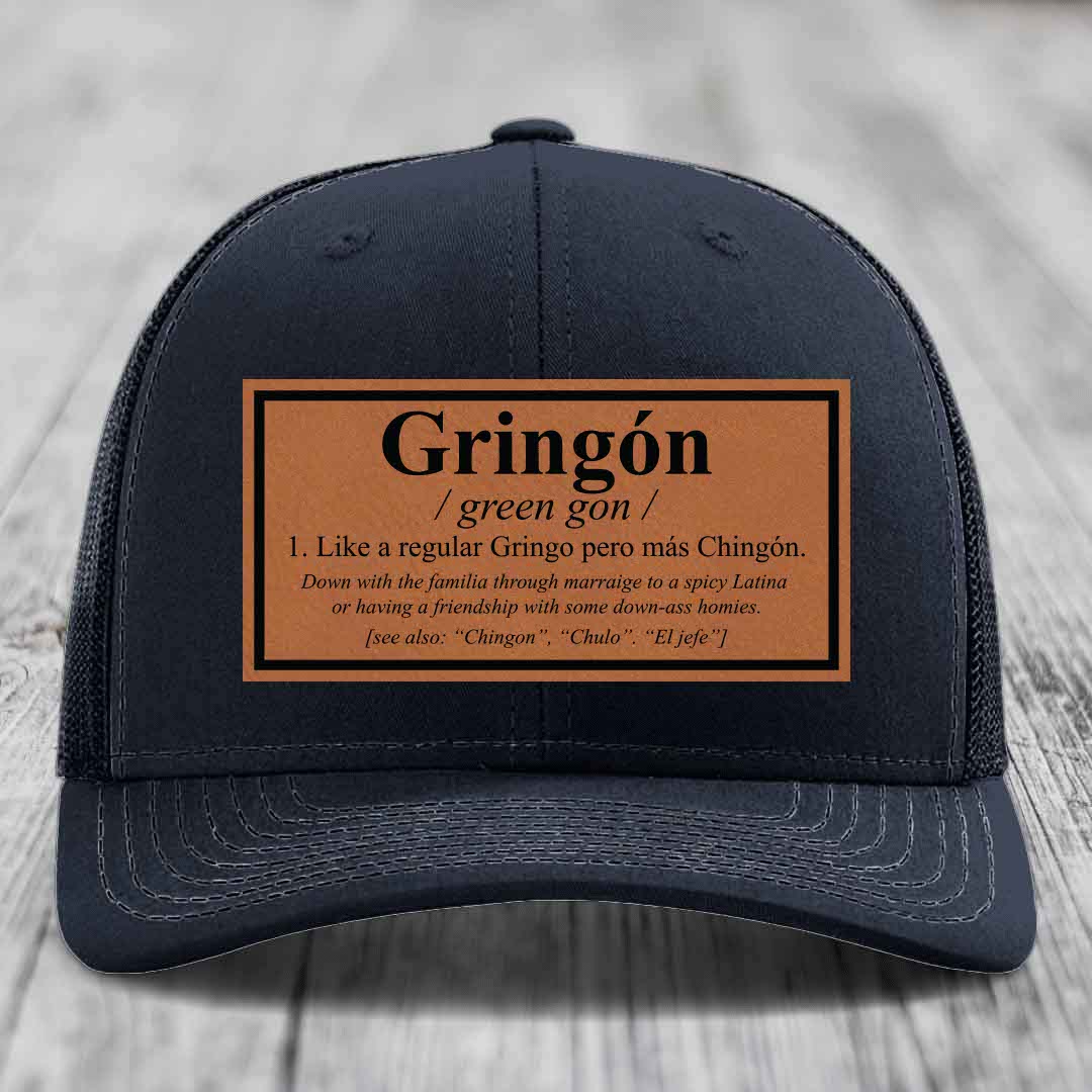 Gringon Definition - Leather Patch Hat - Rawhide to Black Patch - Richardson 112 Snapback Trucker Hat