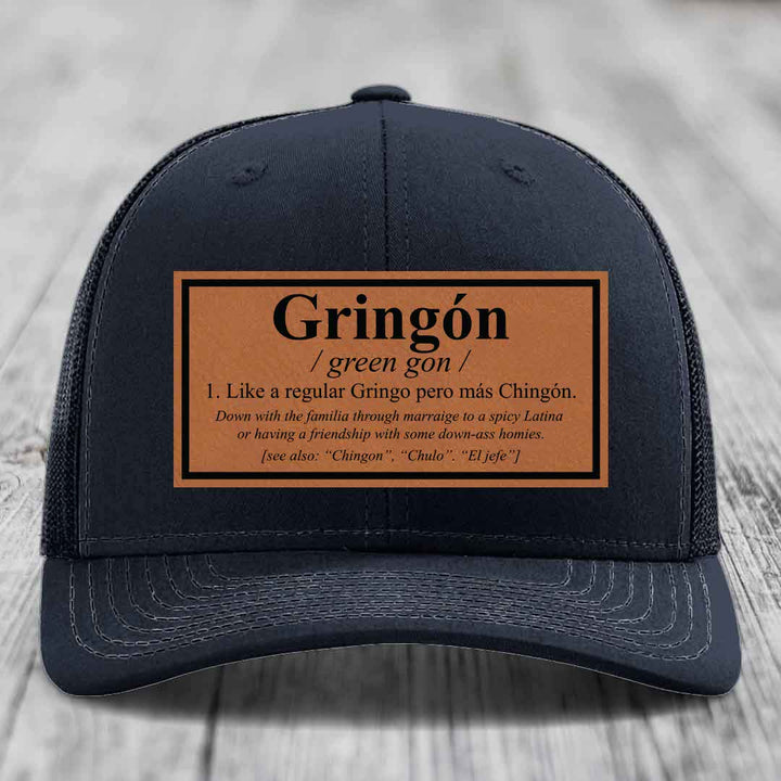 Gringon Definition - Leather Patch Hat - Rawhide to Black Patch - Richardson 112 Snapback Trucker Hat