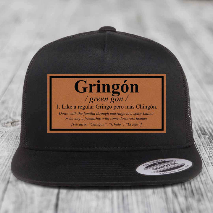 Gringon Definition - Leather Patch Hat - Rawhide to Black Patch - Yupoong 6006 Snapback Flatbill Hat