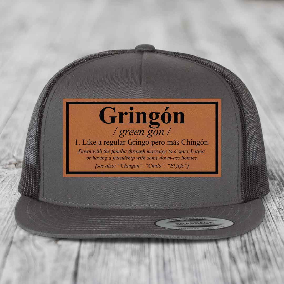 Gringon Definition - Leather Patch Hat - Rawhide to Black Patch - Yupoong 6006 Snapback Flatbill Hat