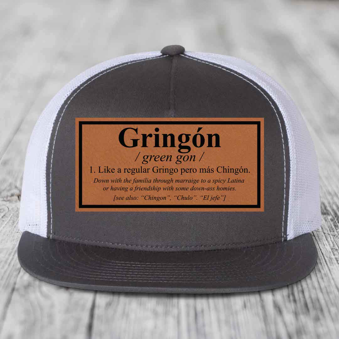 Gringon Definition - Leather Patch Hat - Rawhide to Black Patch - Yupoong 6006 Snapback Flatbill Hat