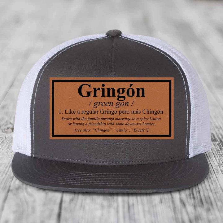 Gringon Definition - Leather Patch Hat - Rawhide to Black Patch - Yupoong 6006 Snapback Flatbill Hat