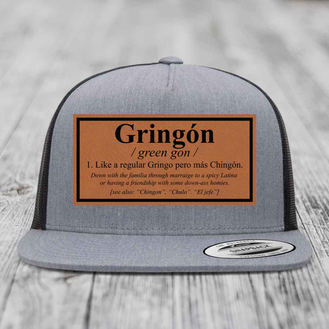 Gringon Definition - Leather Patch Hat - Rawhide to Black Patch - Yupoong 6006 Snapback Flatbill Hat