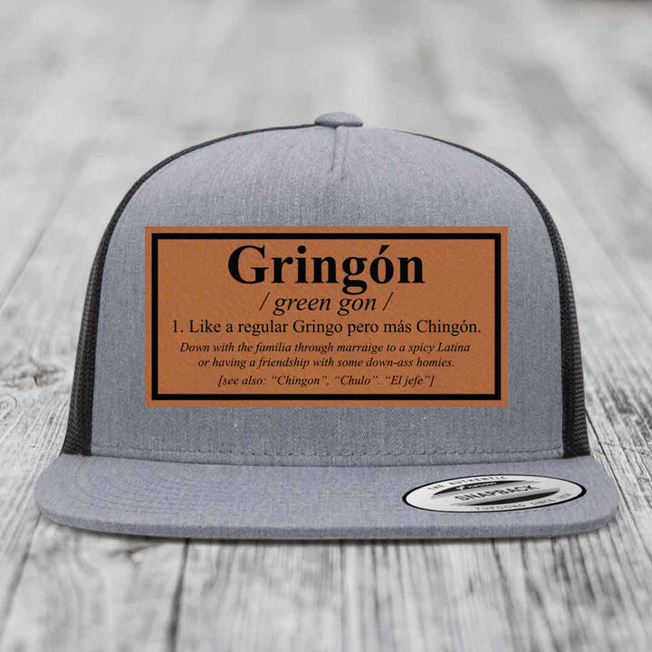 Gringon Definition - Leather Patch Hat - Rawhide to Black Patch - Yupoong 6006 Snapback Flatbill Hat